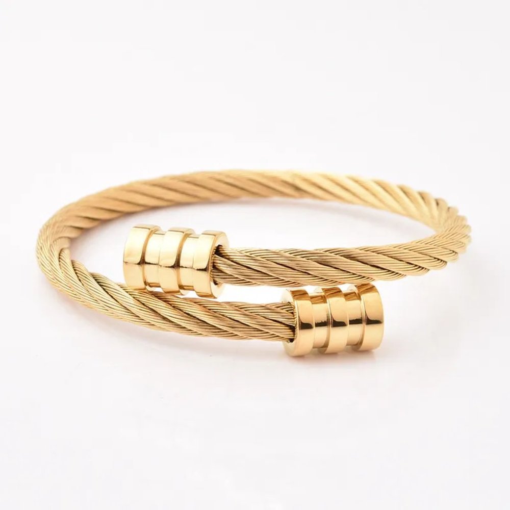 Awesome Cable Style, 18k Gold Pl. Solid Stainless Steel Men's Bracelet / Bangle. - Picture 3 of 3